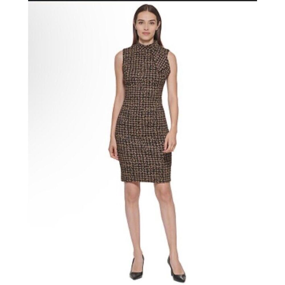 Calvin Klein mock neck jacquard sleeveless dress sz 14 brown black career sheath
